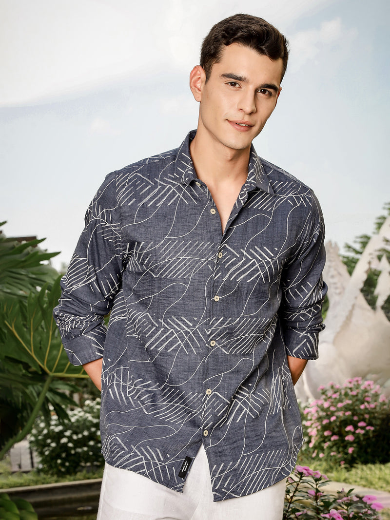 Thomas Scott Men Blue Slim Fit Long Sleeve Abstract Print Casual Shirt