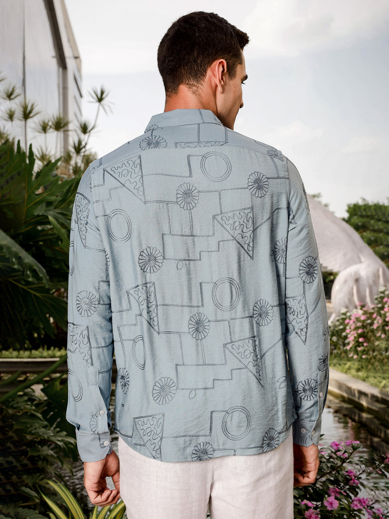 Thomas Scott Men Blue Regular Fit Long Sleeves Cutaway Collar Embroidered Shirt