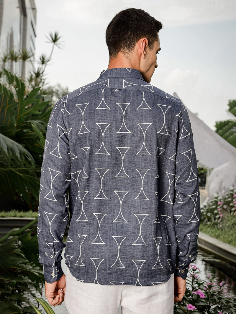 Thomas Scott Men Navy Slim Fit Long Sleeve Geometric Print Casual Shirt