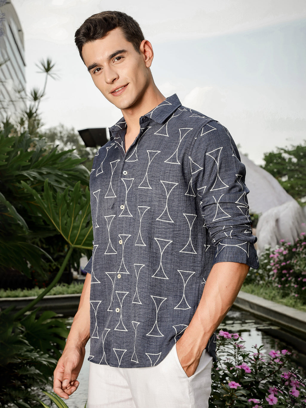 Thomas Scott Men Navy Slim Fit Long Sleeve Geometric Print Casual Shirt