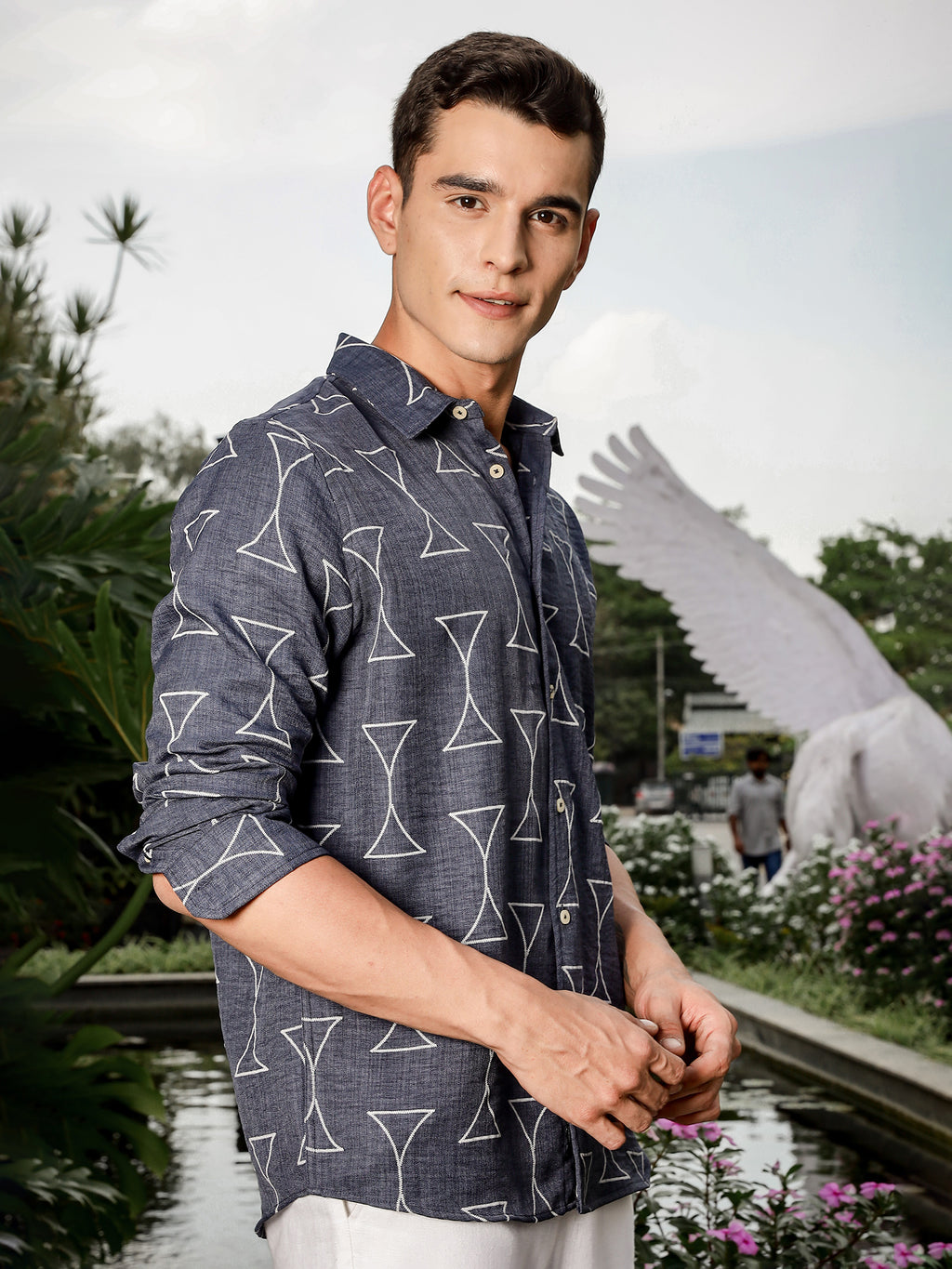 Thomas Scott Men Navy Slim Fit Long Sleeve Geometric Print Casual Shirt