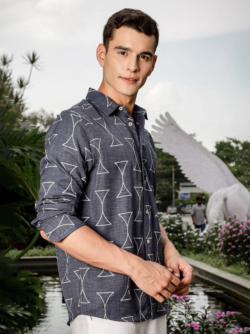 Thomas Scott Men Navy Slim Fit Long Sleeve Geometric Print Casual Shirt