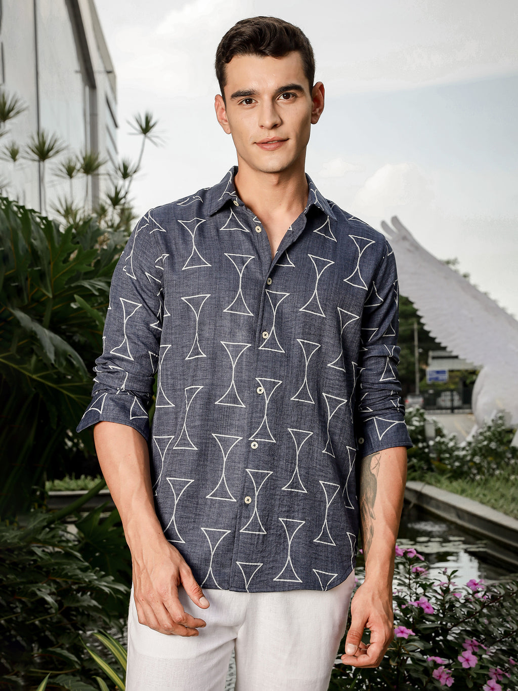 Thomas Scott Men Navy Slim Fit Long Sleeve Geometric Print Casual Shirt
