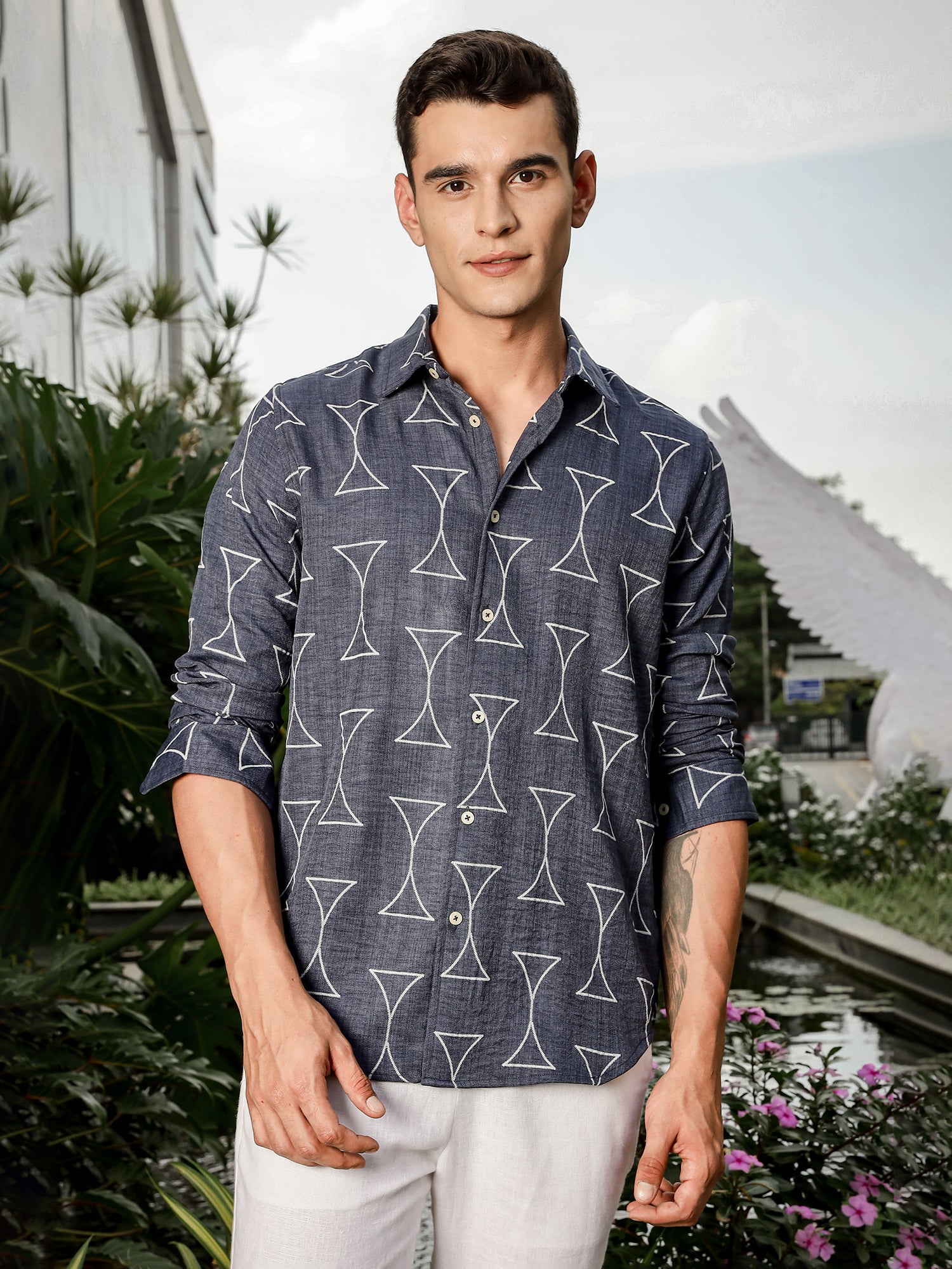 Thomas Scott Men Navy Slim Fit Long Sleeve Geometric Print Casual Shirt
