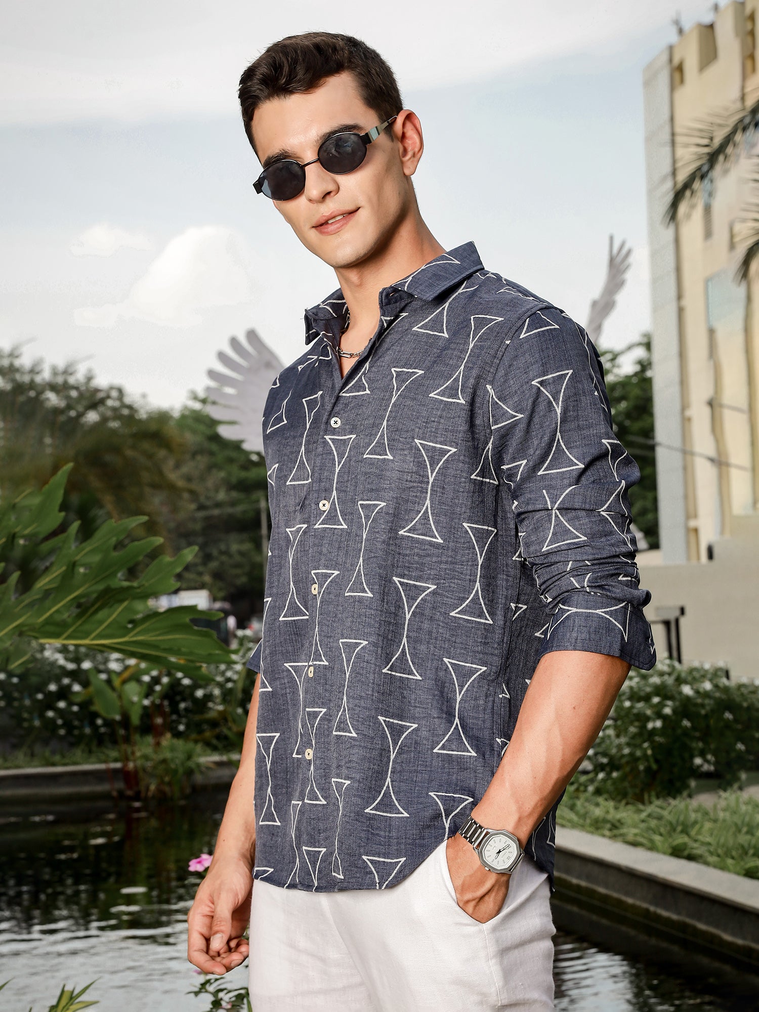Thomas Scott Men Navy Slim Fit Long Sleeve Geometric Print Casual Shirt