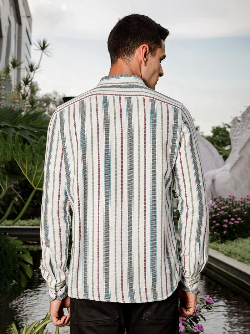 Thomas Scott Men White Slim Fit Long Sleeve Multi Stripes Cotton Casual Shirt