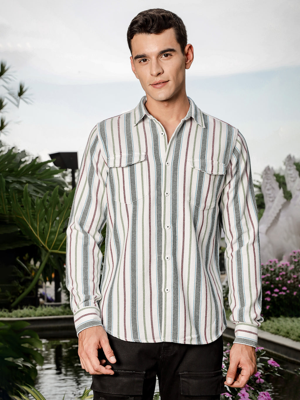 Thomas Scott Men White Slim Fit Long Sleeve Multi Stripes Cotton Casual Shirt