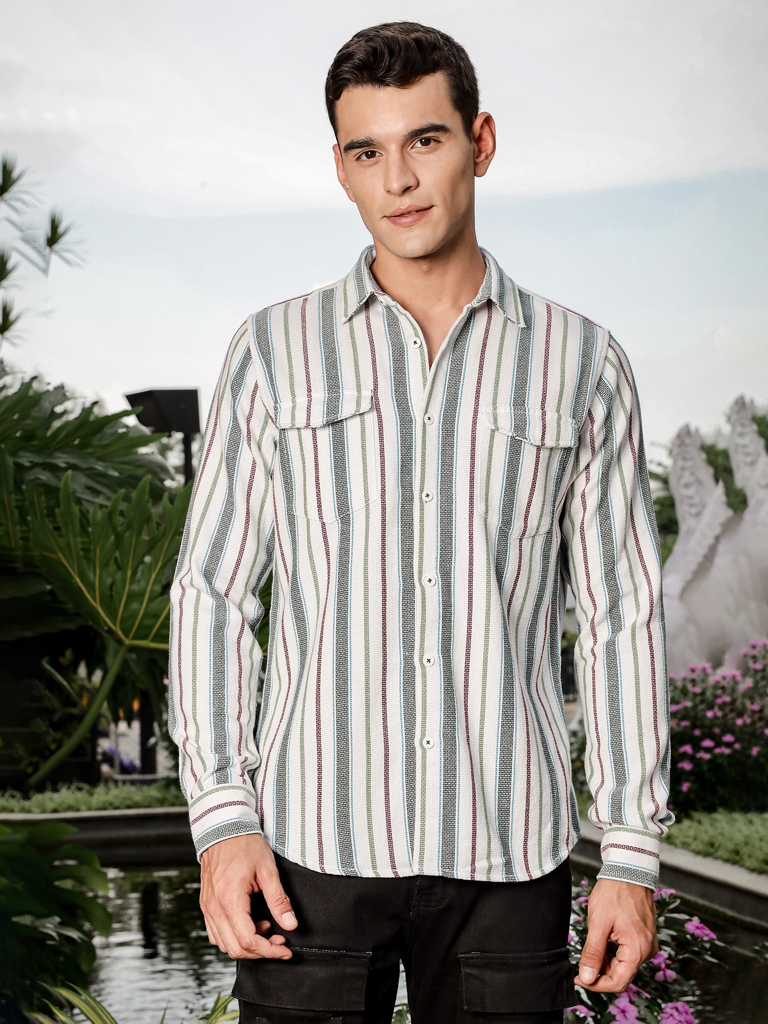 Thomas Scott Men White Slim Fit Long Sleeve Multi Stripes Cotton Casual Shirt