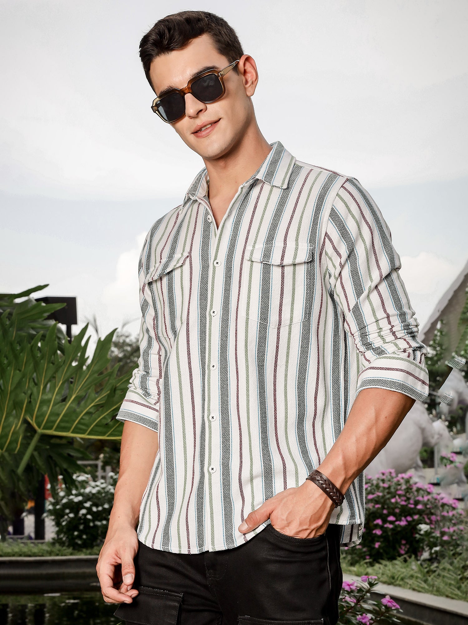 Thomas Scott Men White Slim Fit Long Sleeve Multi Stripes Cotton Casual Shirt