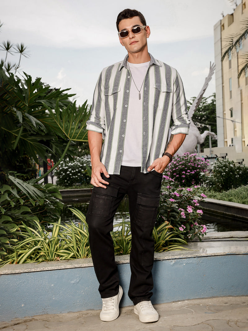 Thomas Scott Men White Slim Fit Long Sleeve Vertical Stripes Casual Shirt