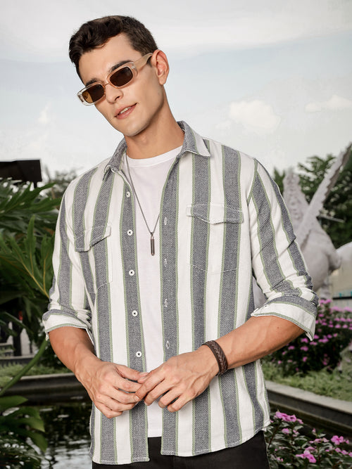 Thomas Scott Men White Slim Fit Long Sleeve Vertical Stripes Casual Shirt