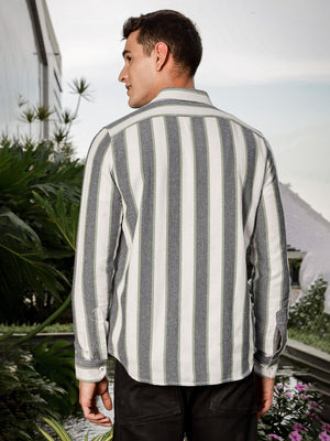 Thomas Scott Men White Slim Fit Long Sleeve Vertical Stripes Casual Shirt