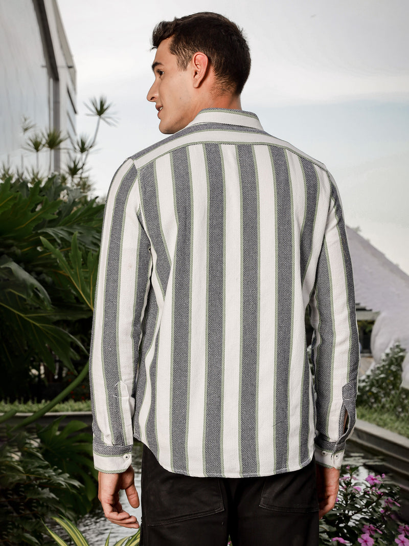 Thomas Scott Men White Slim Fit Long Sleeve Vertical Stripes Casual Shirt