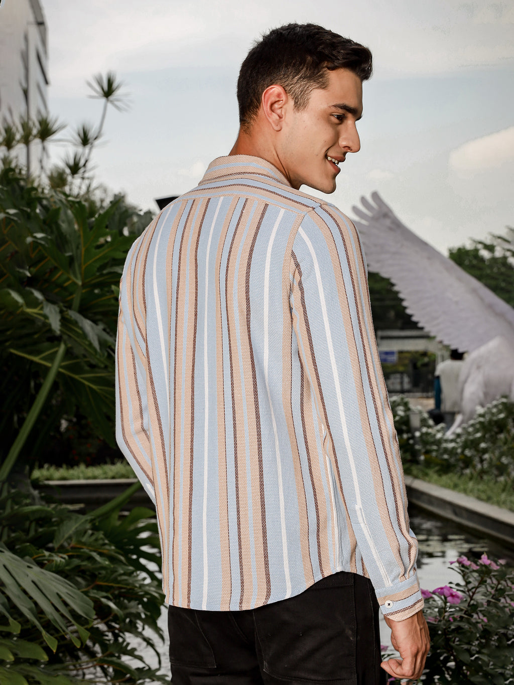 Thomas Scott Men Sky Blue Slim Fit Long Sleeve Multi Stripes Cotton Casual Shirt