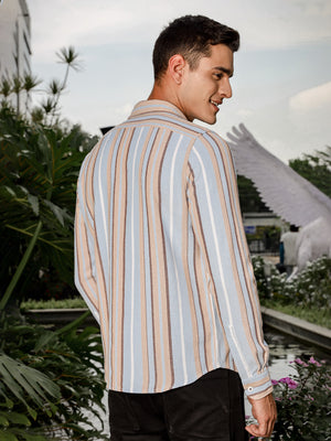 Thomas Scott Men Sky Blue Slim Fit Long Sleeve Multi Stripes Cotton Casual Shirt