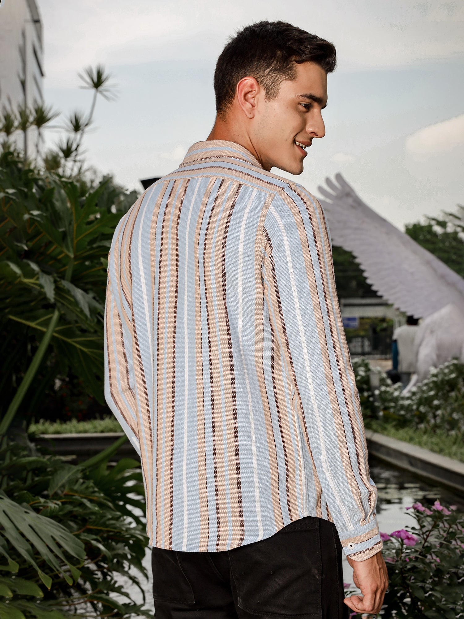 Thomas Scott Men Sky Blue Slim Fit Long Sleeve Multi Stripes Cotton Casual Shirt