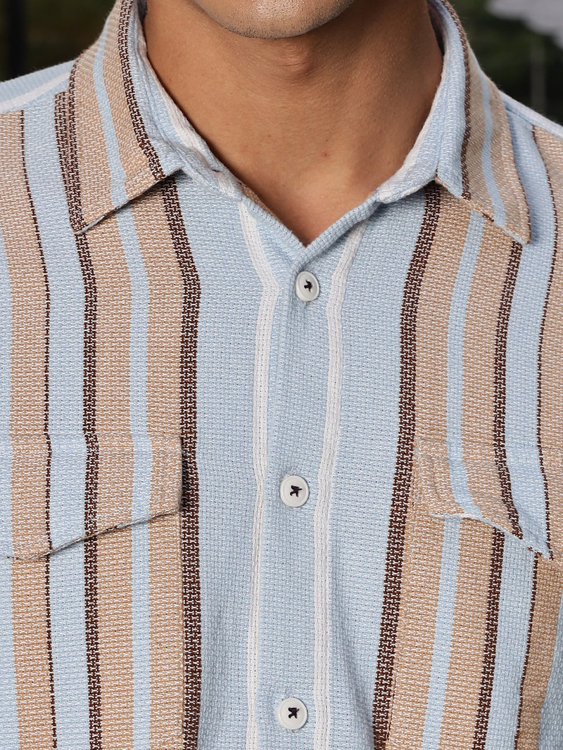 Thomas Scott Men Sky Blue Slim Fit Long Sleeve Multi Stripes Cotton Casual Shirt