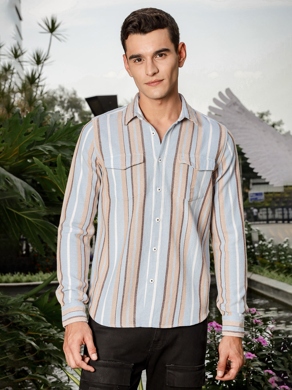 Thomas Scott Men Sky Blue Slim Fit Long Sleeve Multi Stripes Cotton Casual Shirt