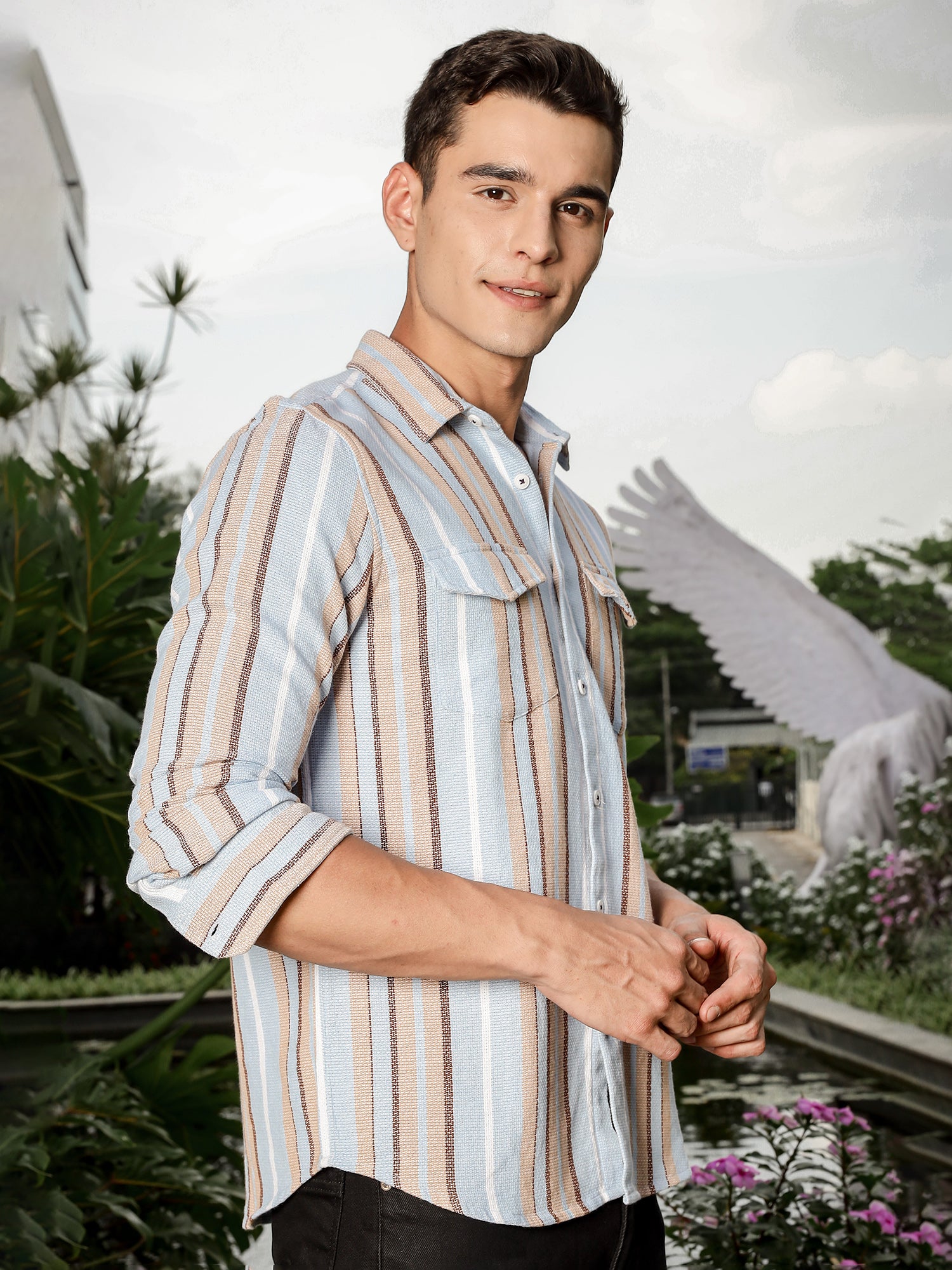 Thomas Scott Men Sky Blue Slim Fit Long Sleeve Multi Stripes Cotton Casual Shirt