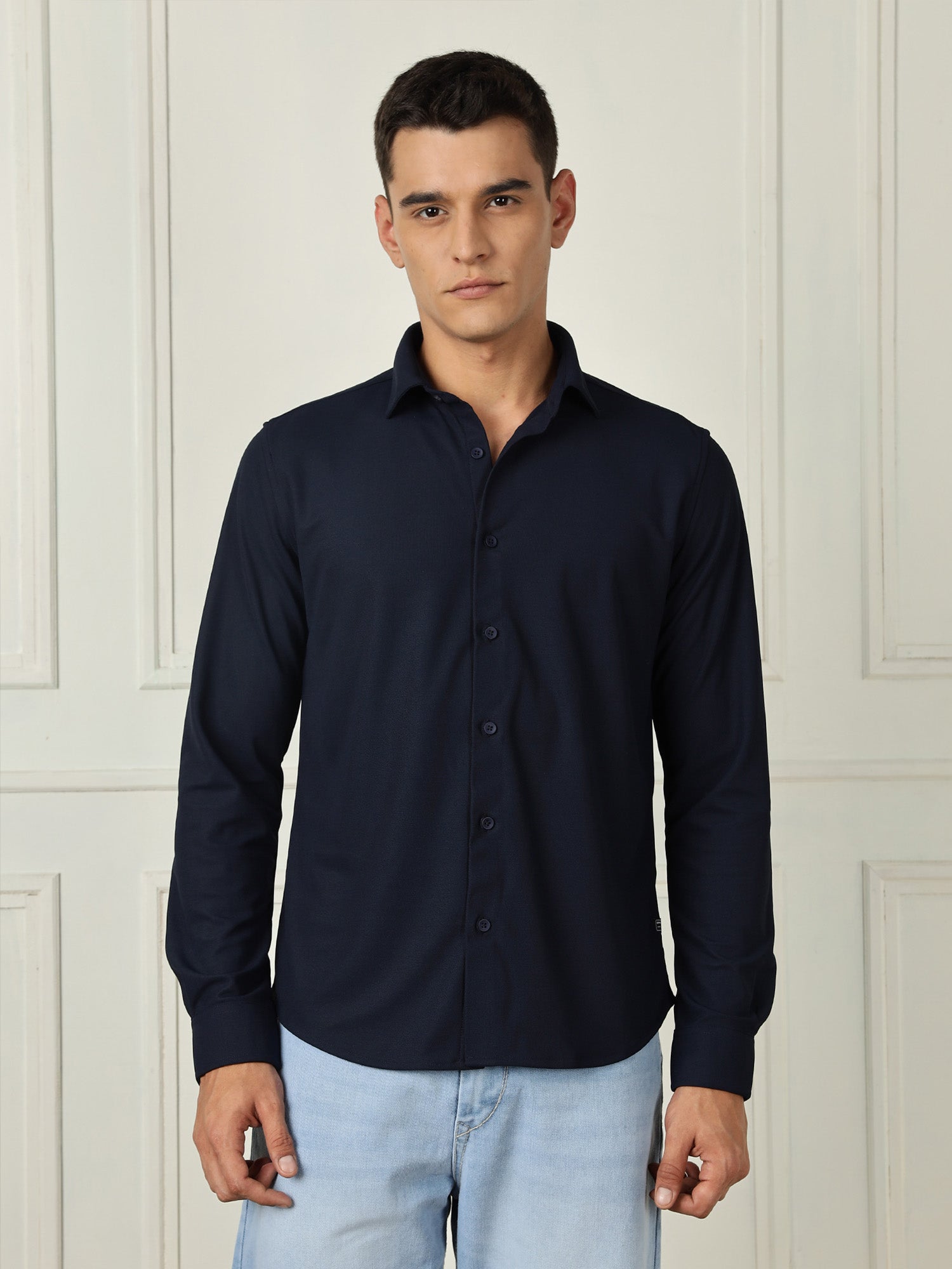Thomas Scott Men Navy Premium Slim Fit Long Sleeves 4 Way Stretch CoolMax Knitted Casual Shirt