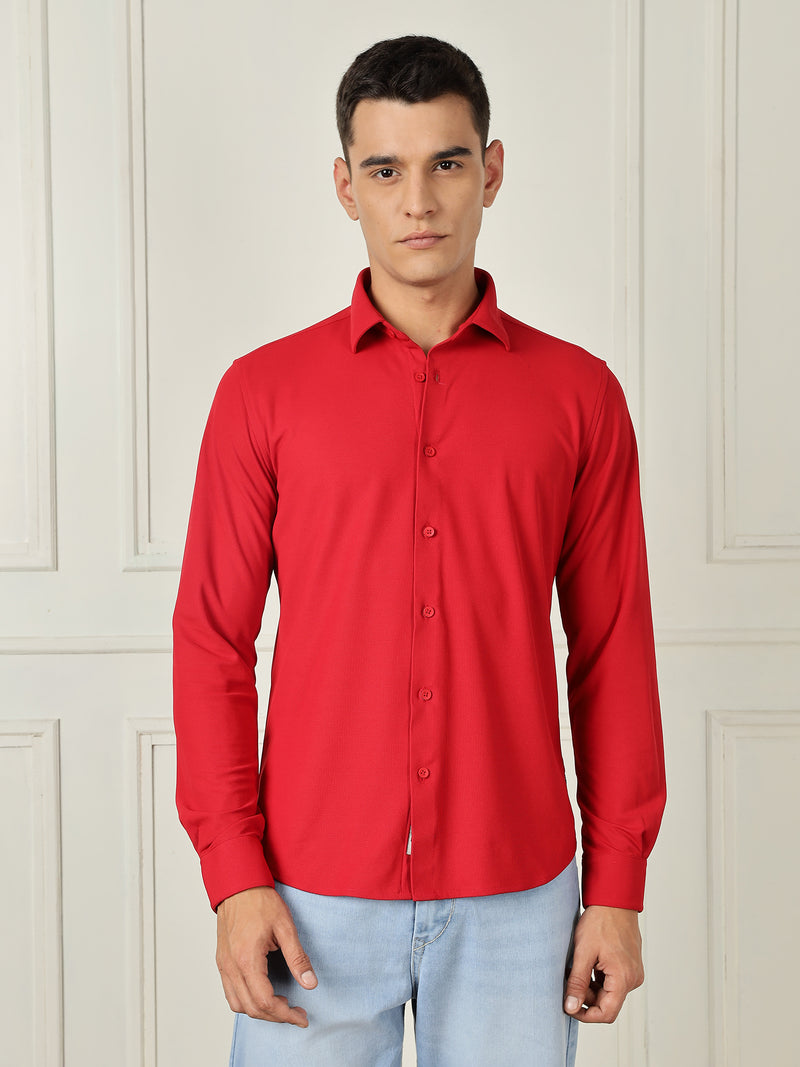 Thomas Scott Men Red Premium Slim Fit Long Sleeves 4 Way Stretch CoolMax Knitted Casual Shirt