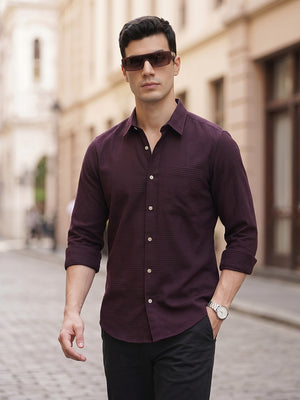 Maroon Premium Regular Fit Long Sleeves Spread Collar Textured Cotton Casual Shirt For Men