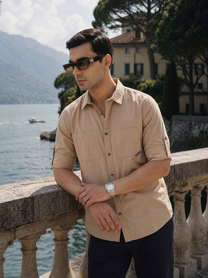 Thomas Scott Men Premium Khaki Slim Fit Long Roll-Up Sleeves Spread Collar Solid Cotton Casual Shirts