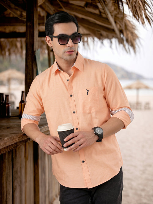 Thomas Scott Men Orange Premium Slim Fit Long Sleeves Spread Collar Solid Cotton Twill Shirt