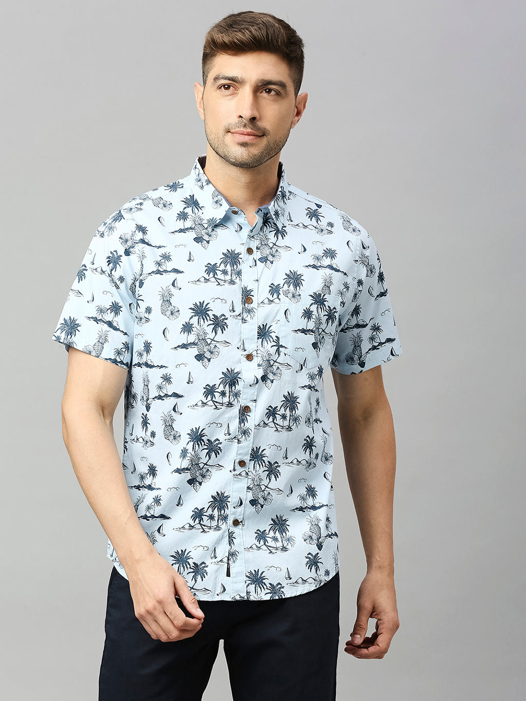 Thomas Scott Men Sky Blue Classic Short Sleeves Slim Fit Spread Collar Floral Printed Cotton Casual Shirt