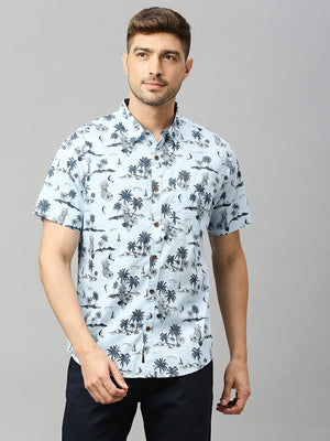 Thomas Scott Men Sky Blue Classic Short Sleeves Slim Fit Spread Collar Floral Printed Cotton Casual Shirt
