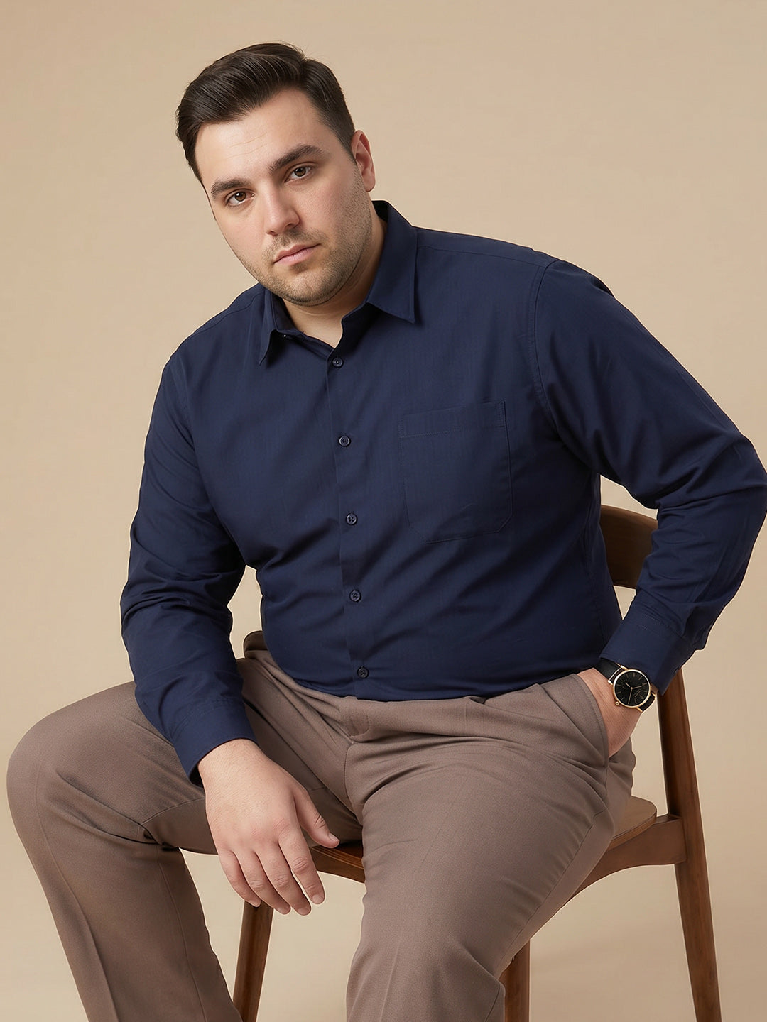 Thomas Scott Men Premium Navy Plus Size Regular Fit Long Sleeves Spread Collar Textured Cotton Formal Shirt