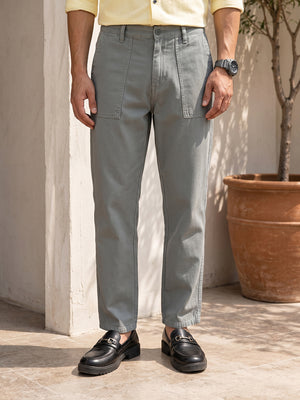 Grey Smart Straight Fit Mid-Rise Solid Flat-Front Woven Trouser For Men