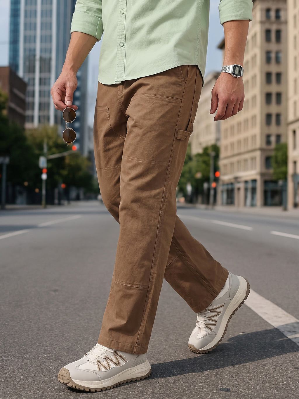 Brown Smart Easy Wash Regular Fit Mid-Rise Solid Woven Carpenter Trouser For Men