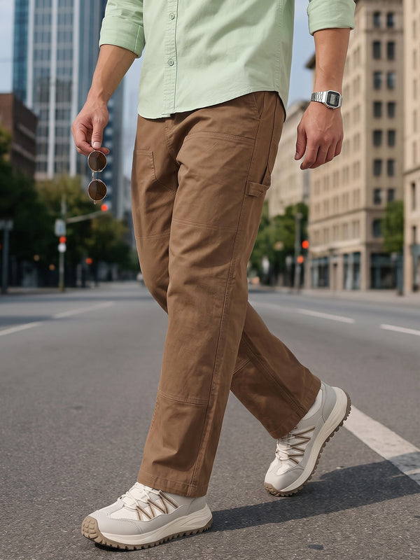 Brown Smart Easy Wash Regular Fit Mid-Rise Solid Woven Carpenter Trouser For Men