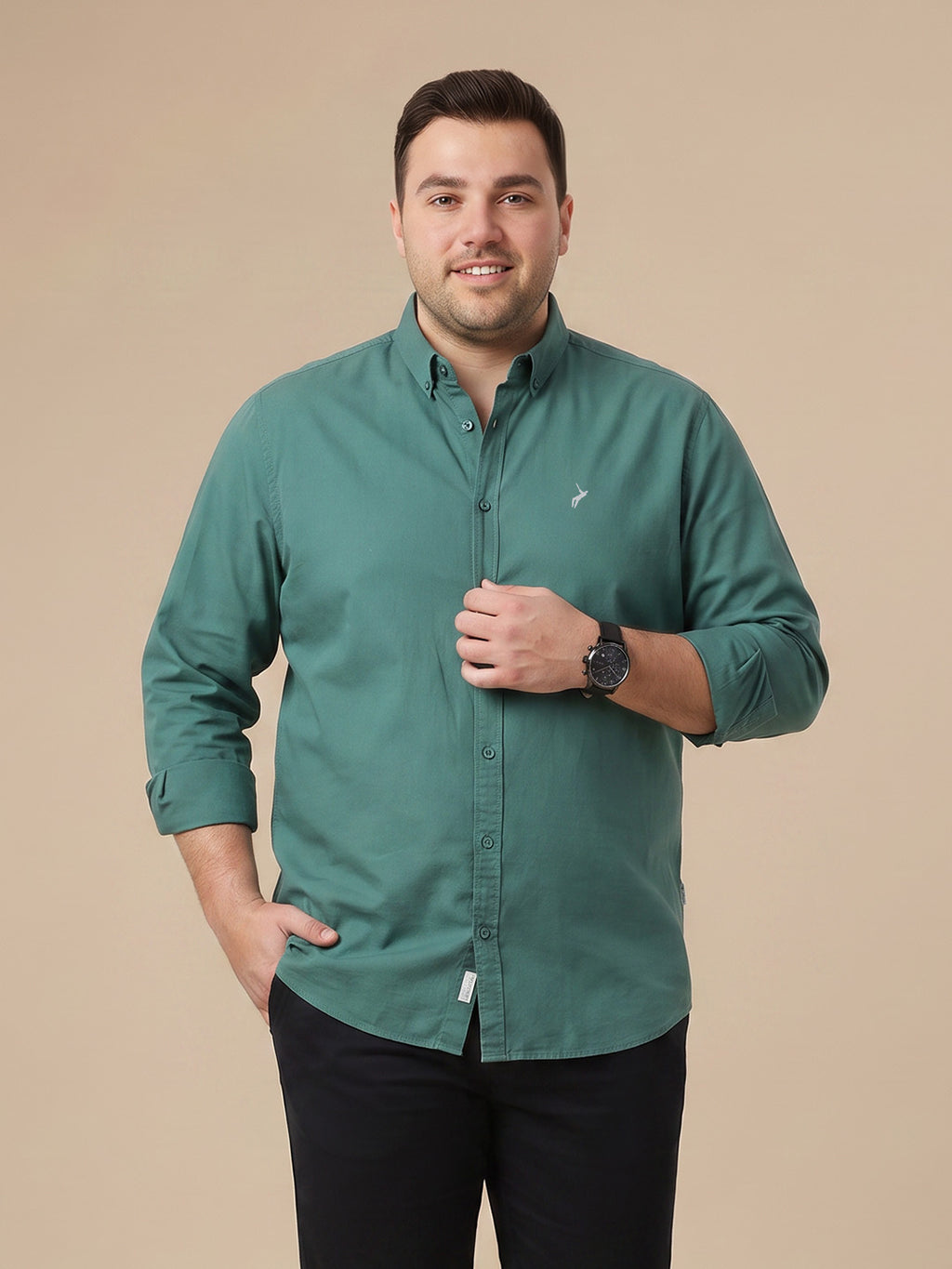 Olive Cricket Club Collection Regular Fit Plus Size Button Down Collar Twill Shirt For Men