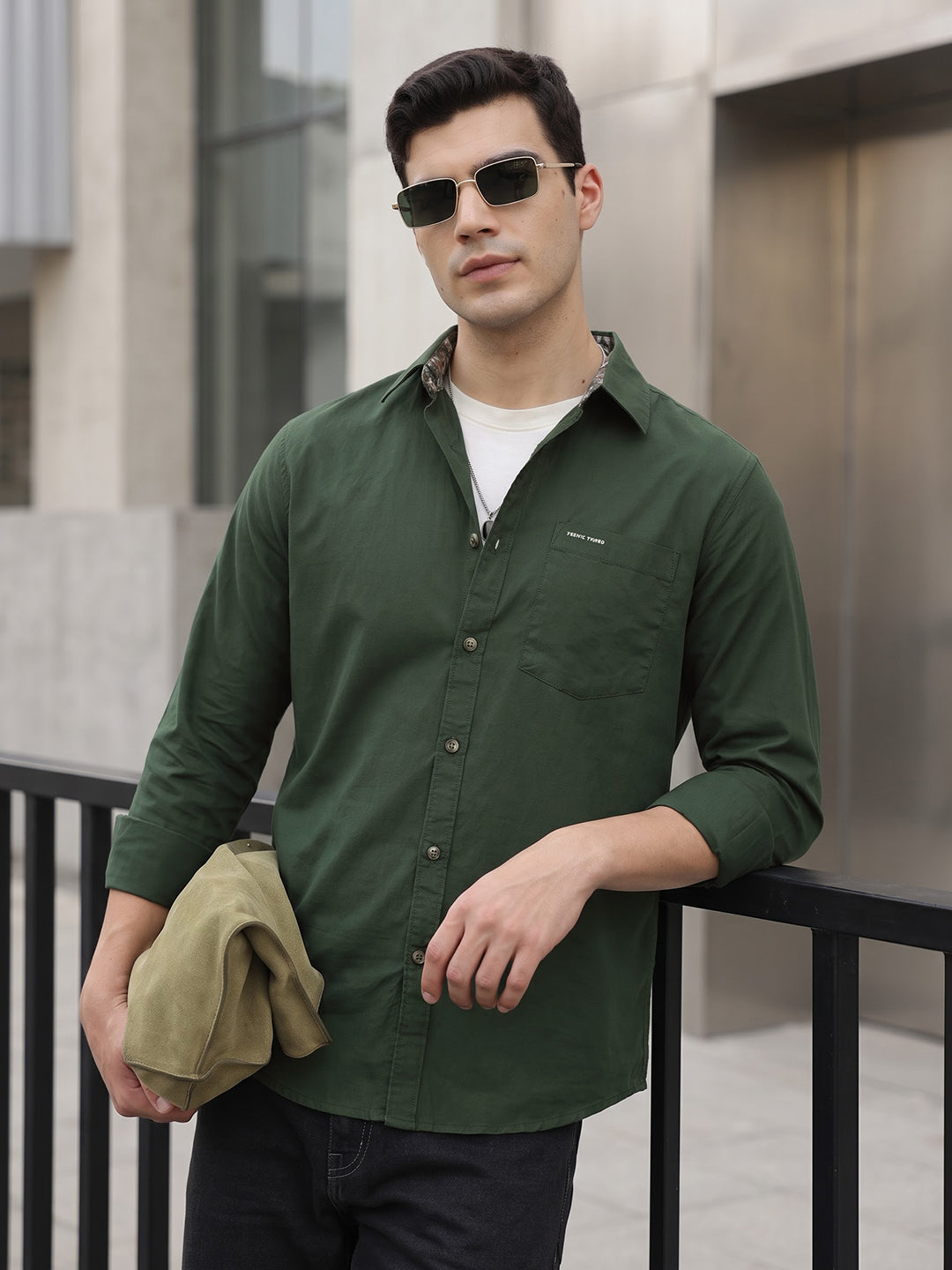 Olive Premium Regular Fit Long Sleeves Spread Collar Solid Cotton Casual Shirt For Men