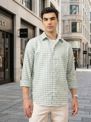 Green Premium Regular Fit Gingham Checks Cotton Linen Shirt For Men