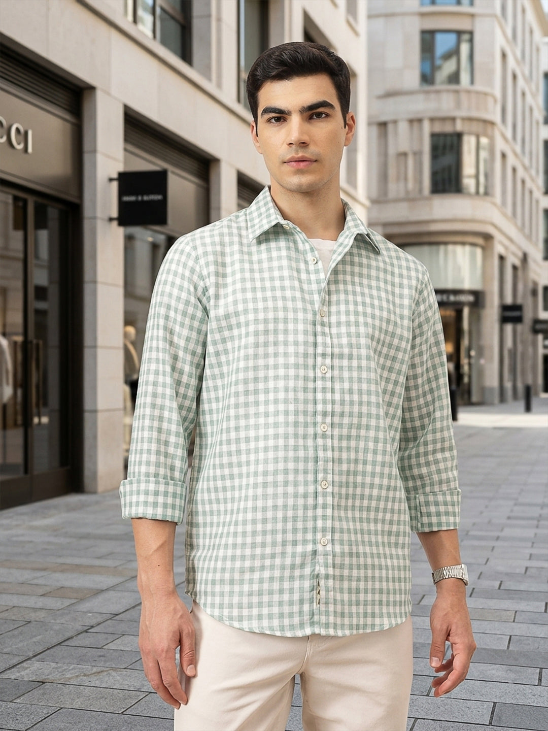 Green Premium Regular Fit Gingham Checks Cotton Linen Shirt For Men