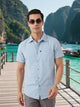 Blue Premium Slim Fit Short Sleeves Spread Collar Solid Cotton Twill Casual Shirt For Men