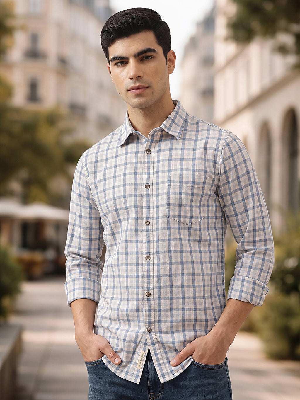 Mid Blue Premium Slim Fit Graphic Checked Cotton Linen Casual Shirt For Men