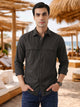 Thomas Scott Men Dark Grey Premium Regular Fit Long Sleeves Spread Collar Solid Cotton Casual Shirt with 2 Flap Pockets