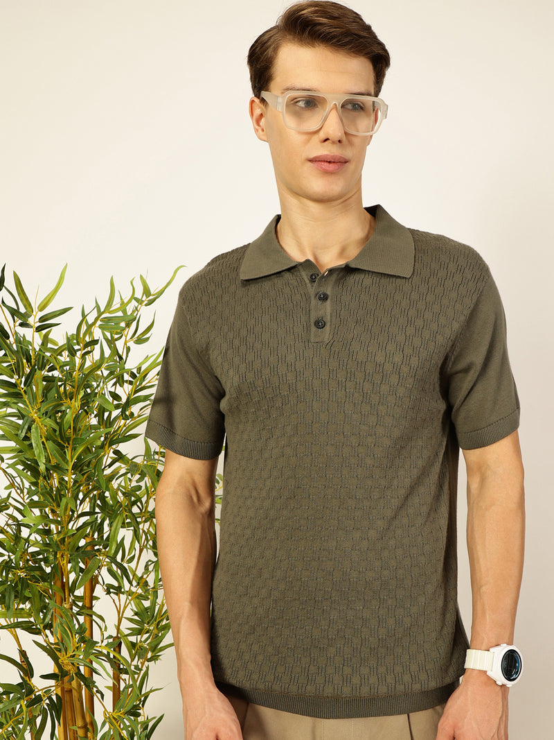 Thomas Scott Men Bio Finish Self Design Polo Collar Cotton T-shirt