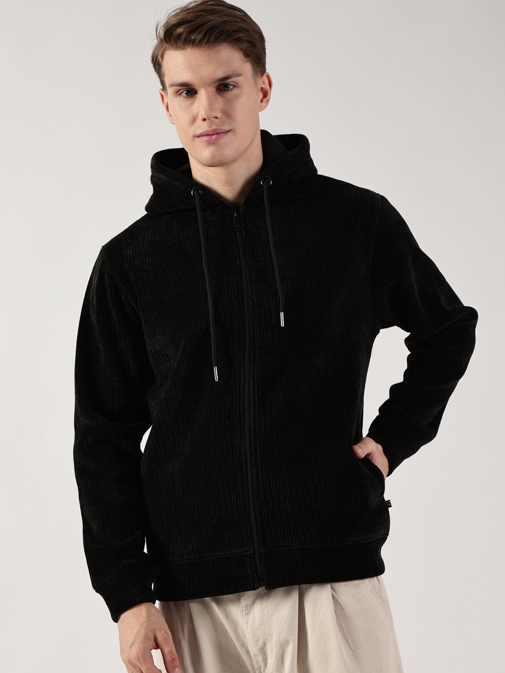 Black Regular Fit Long Sleeves Solid Jacket