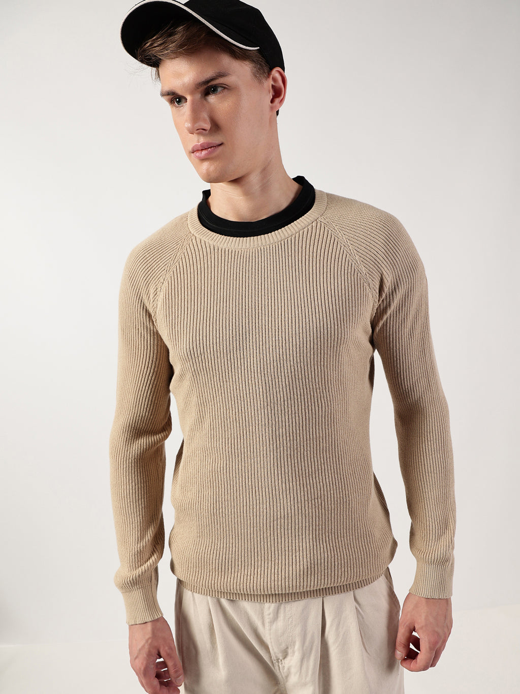 Thomas Scott Men Ribbed Self Design Round Neck Cotton Pullover Ribbed Sweater