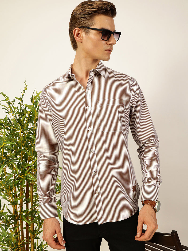 Thomas Scott Men Smart Spread Collar Vertical Striped Cotton Slim Fit Casual Shirt