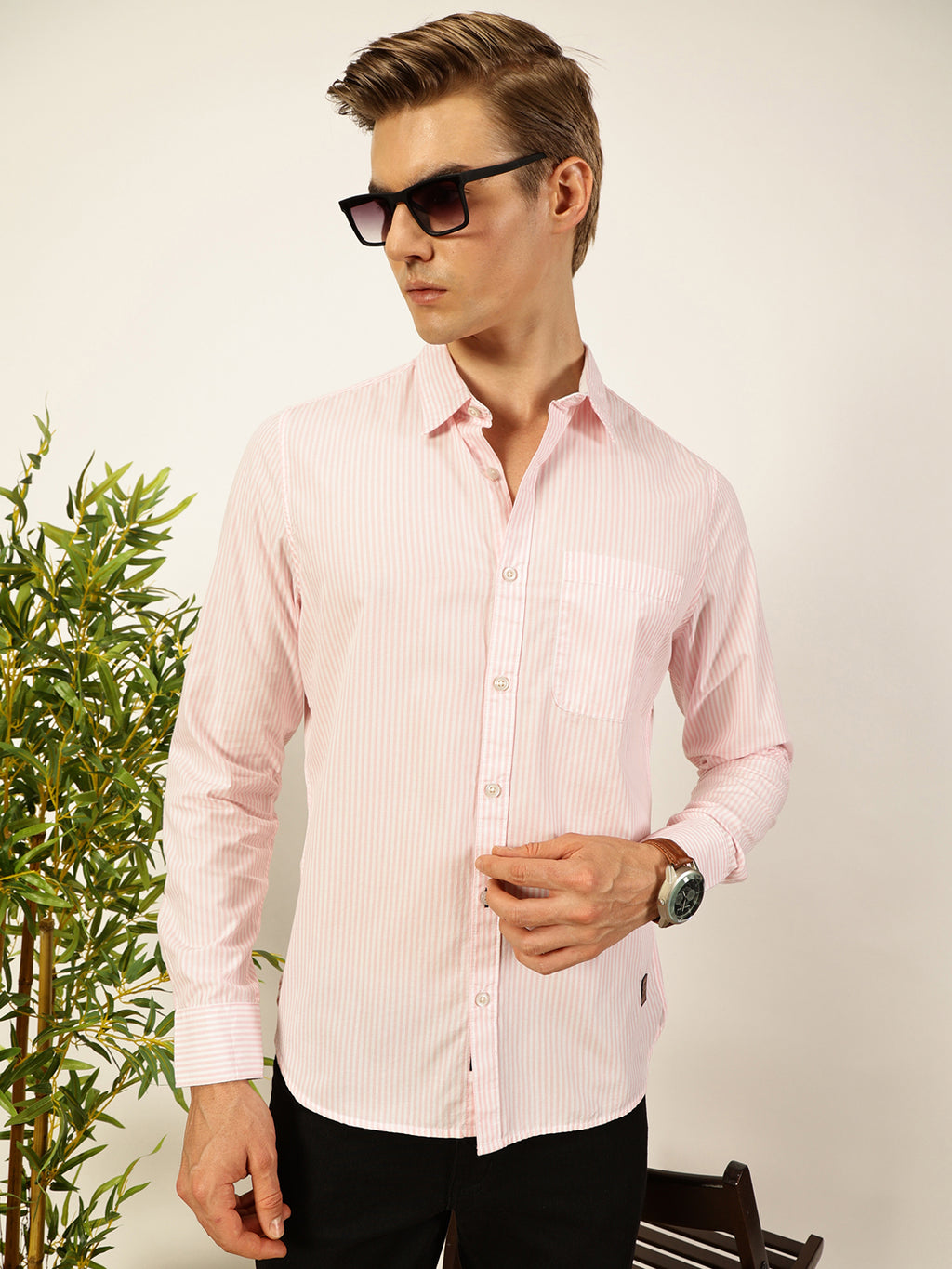Thomas Scott Men Smart Spread Collar Vertical Striped Cotton Slim Fit Casual Shirt