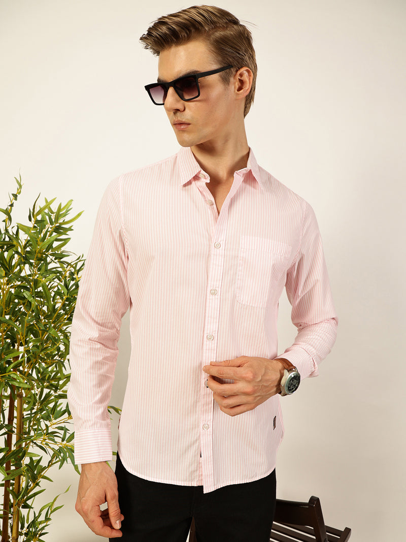 Thomas Scott Men Smart Spread Collar Vertical Striped Cotton Slim Fit Casual Shirt