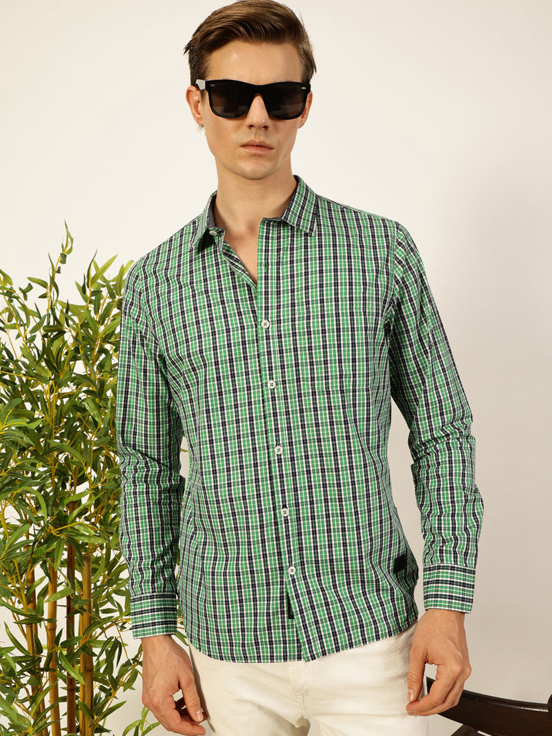 Thomas Scott Men Smart Spread Collar Micro Checked Cotton Slim Fit Casual Shirt