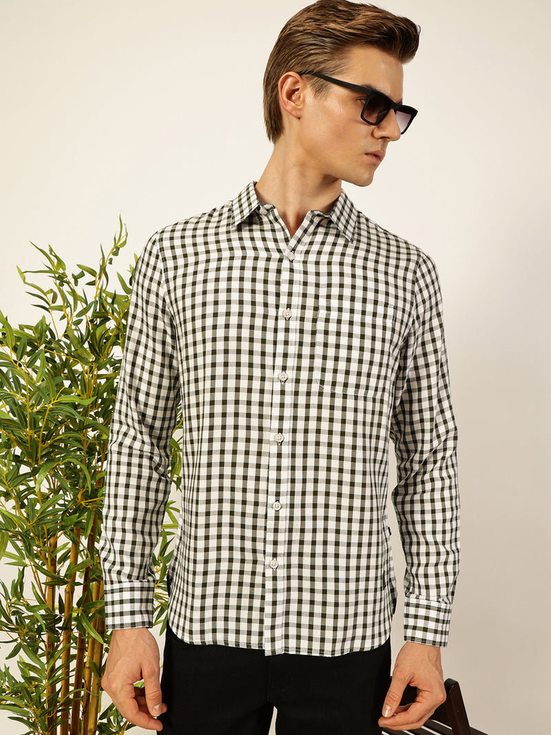 Thomas Scott Men Smart Spread Collar Micro Checked Cotton Slim Fit Casual Shirt