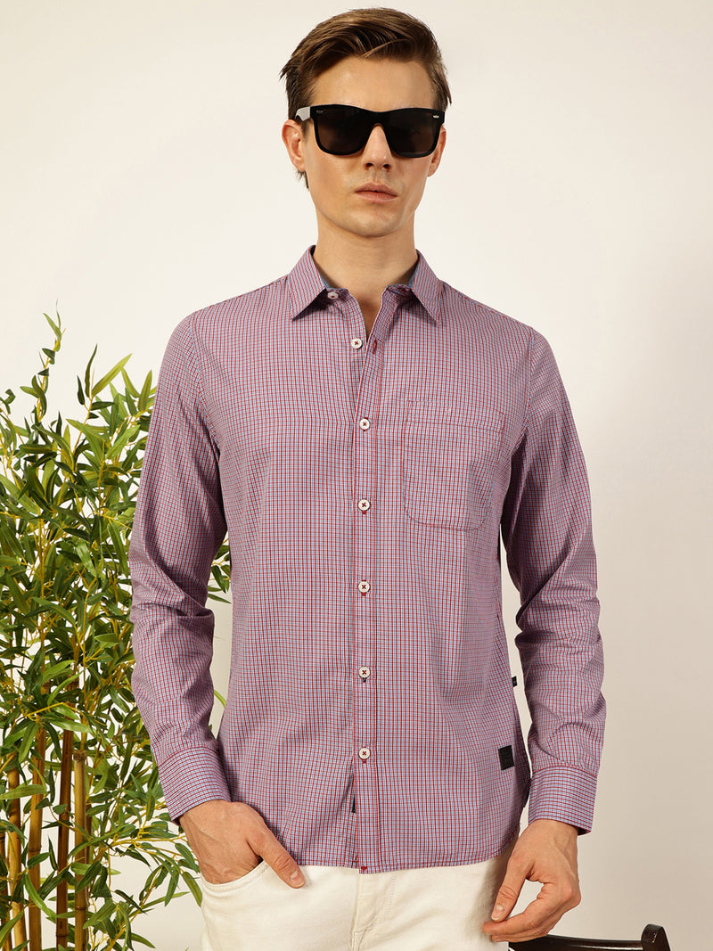 Thomas Scott Men Smart Spread Collar Micro Checked Cotton Slim Fit Casual Shirt